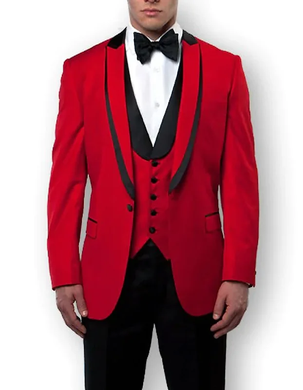 Timeless Elegance Mens Vested Red Prom Tuxedo with Black Trim