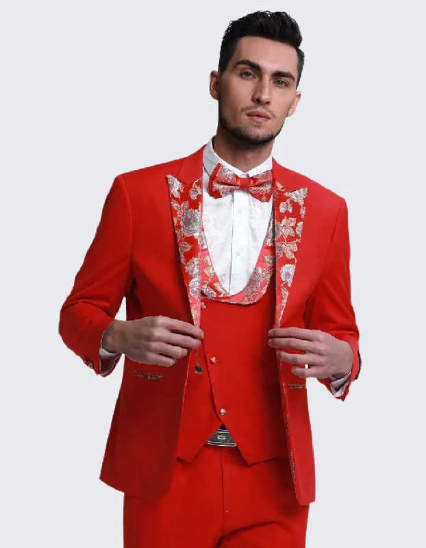 Retro Minimalism Mens Vested Red Prom Tuxedo with Floral Paisley Peak Lapel and Vest Trim Retro Minimalism Mens Vested Red Prom Tuxedo with Floral Paisley Peak Lapel and Vest Trim