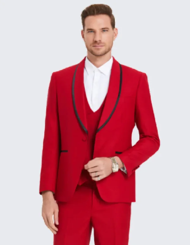 Relaxed Suiting Mens Vested Shawl Red Prom Tuxedo with Black Trim