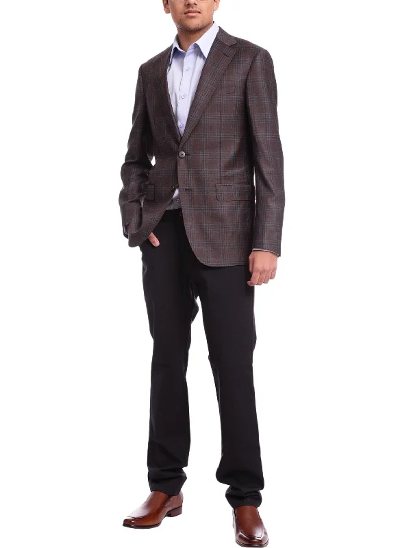 Statement Prints Napoli Slim Fit Brown & Blue Plaid Half Canvassed Reda Wool Blazer Sportcoat