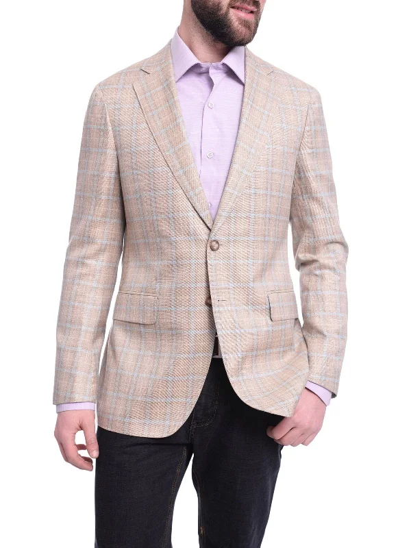 Urban Explorer Napoli Slim Fit Tan Stepweave Blue Windowpane Half Canvassed Silk Wool Blazer Urban Explorer Napoli Slim Fit Tan Stepweave Blue Windowpane Half Canvassed Silk Wool Blazer