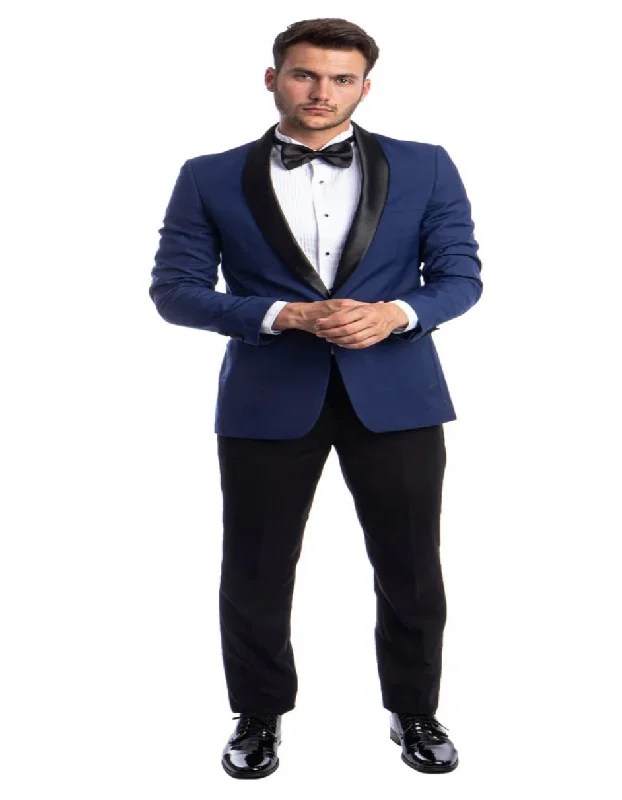 Preppy Casual New Azzuro Indigo Blue with Black Shawl Slim Fit Tuxedo