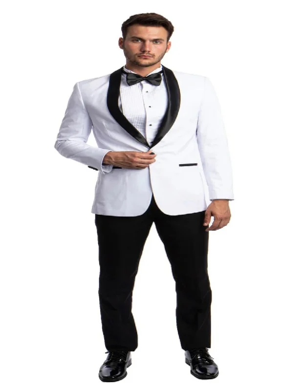 Weekend Wear New Azzuro White with Black Shawl Slim Fit Tuxedo
