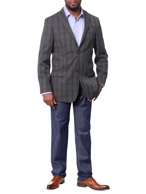 Dark Academia Prontomoda Men's Gray Plaid 100% Wool Slim Fit Blazer Sport Coat