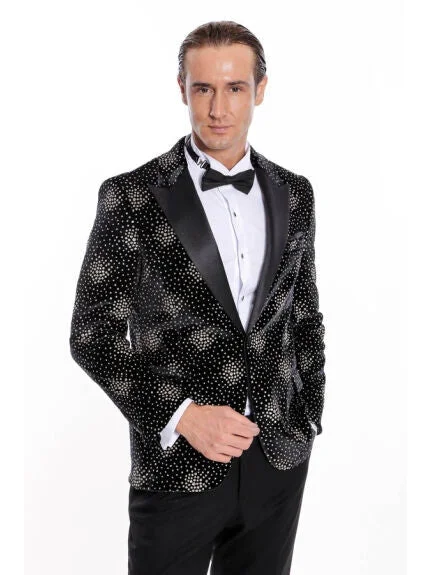 Bold Statement Wessi Mens Black & Gold Dot Pattern Slim Fit Tuxedo Prom Jacket With Peak Lapels Bold Statement Wessi Mens Black & Gold Dot Pattern Slim Fit Tuxedo Prom Jacket With Peak Lapels