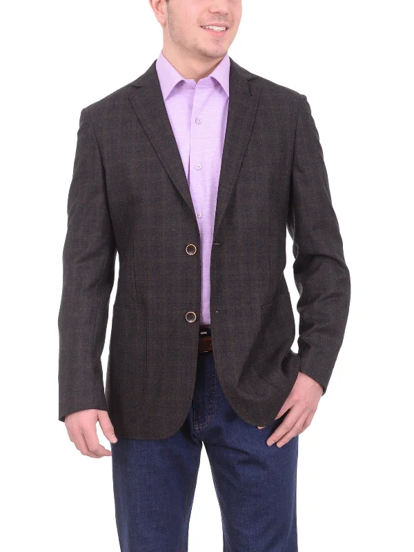 Functional Fashion Zanetti Modern Fit Brown Plaid Wool Blazer Sportcoat With Patch Pockets Functional Fashion Zanetti Modern Fit Brown Plaid Wool Blazer Sportcoat With Patch Pockets