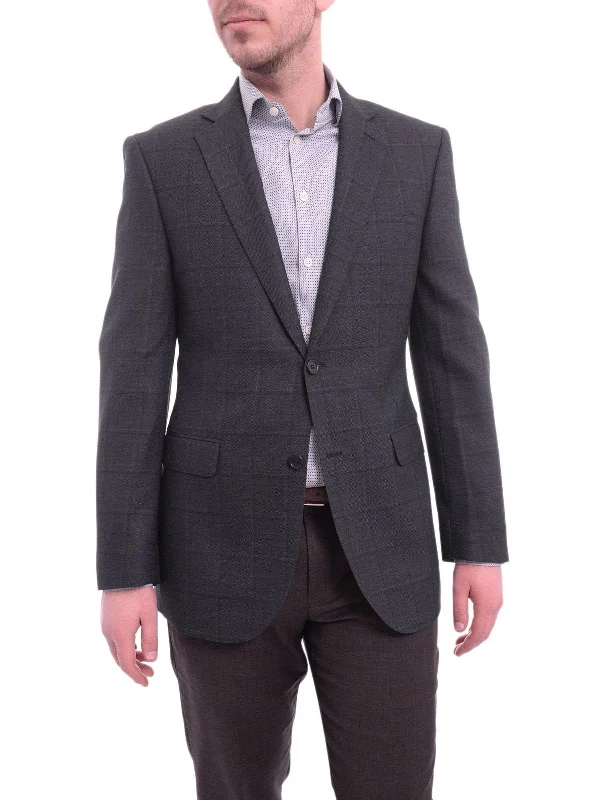 Vintage Essentials Zanetti Modern Fit Navy Blue Windowpane Two Button Wool Blazer Sportcoat Vintage Essentials Zanetti Modern Fit Navy Blue Windowpane Two Button Wool Blazer Sportcoat