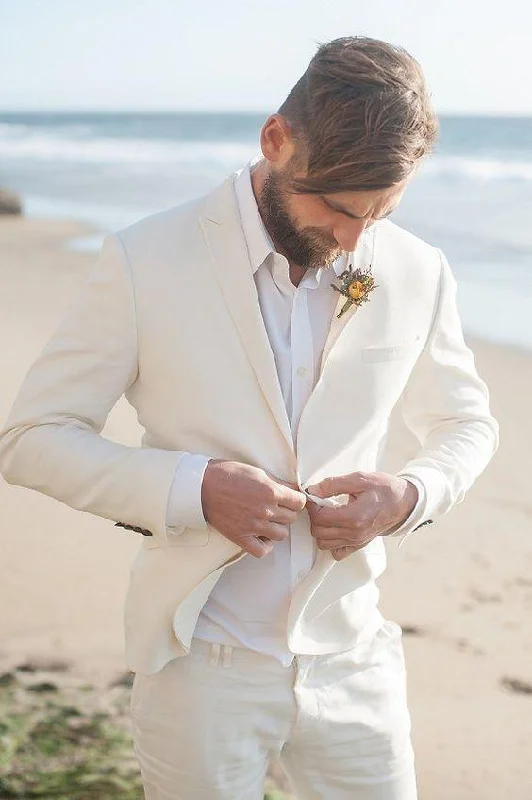 Elegant Outfit 2-Piece Wedding Suit Ivory White Linen Men's Suit Plus Size
