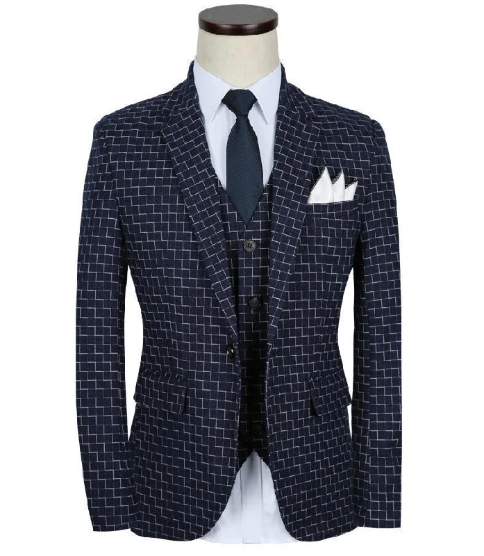Monotone Outfit 3-Piece Men's Suits Slim Fit 1-Button Suits Blue Black