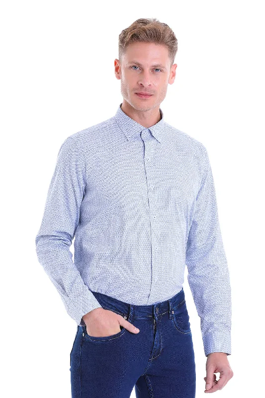 Hip-Hop Style Comfort Fit Long Sleeve Printed Cotton Navy Casual Shirt