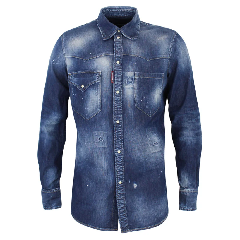 Preppy Outfit DSQUARED2 - Rip & Repair Distressed Denim Shirt in Blue