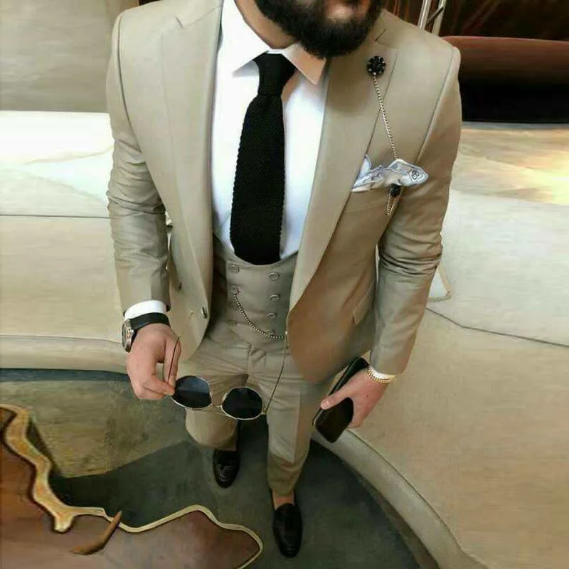 Tailored Fit Elegant Three Piece Men's Suit Double Breasted Vest Khaki