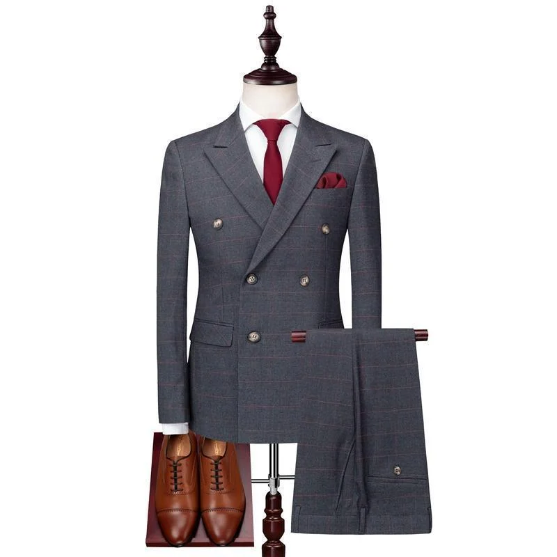 Cyber Style Grey Plaid Men's Suit Double Breast Suit