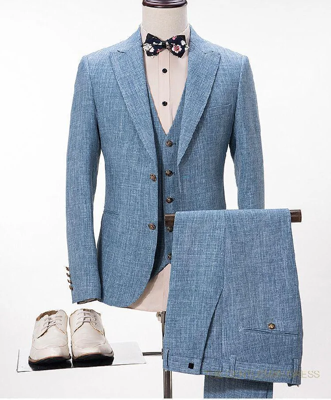 Minimalist Aesthetic Linen Wedding Suits Plus Size 3-Piece Men's Suits Light Blue