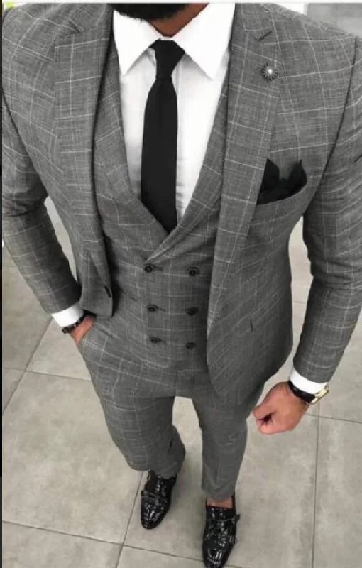 Relaxed Tailoring Men's Plaid Suit Plus Size Three Piece Men's Suit Grey