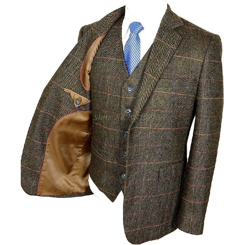 Urban Utility Men's Suit Slim Fit Tweed Suits Wool Brown