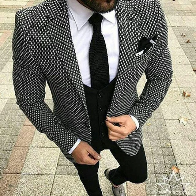 Luxe Casual Men's Suits Black White Slim Fit 3 Piece Suit