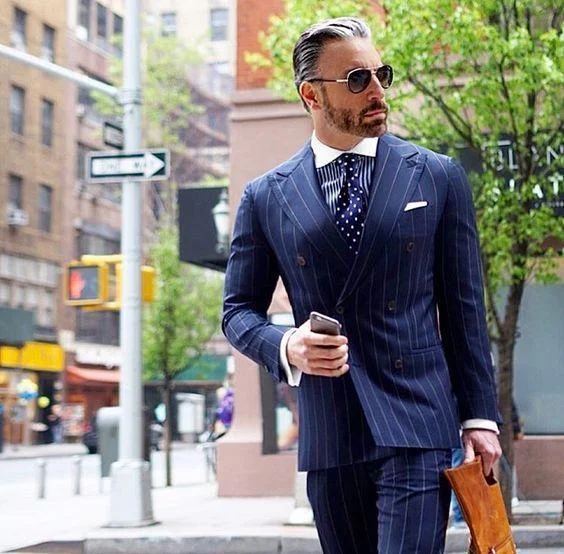Beachwear Style Men's Suits Striped Double Breast Plus Size Suit Blue