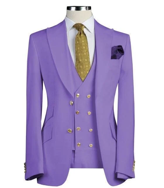 Rugged Style Men's Suits Three Piece Slim Fit Purple Suit