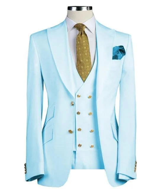 Smart Streetwear Men's Suits Three Pieces Slim Fit Wedding Suit Light Blue
