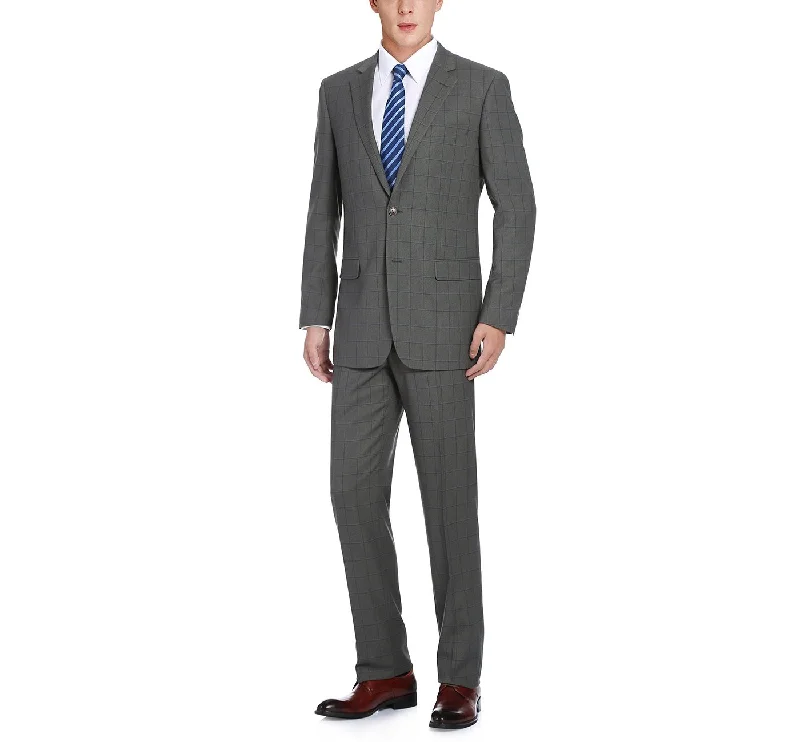Timeless Elegance Performance 2-Button CLASSIC FIT Suit in Grey Windowpane Check (Regular and Long Available) by Renoir Timeless Elegance Performance 2-Button CLASSIC FIT Suit in Grey Windowpane Check (Regular and Long Available) by Renoir