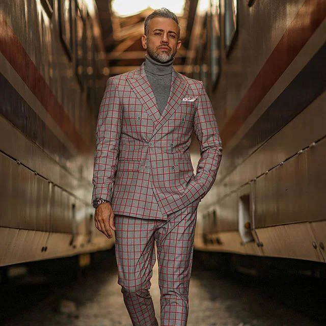 Relaxed Aesthetic Red Plaid Double-Breasted 2-Piece Suit For Men