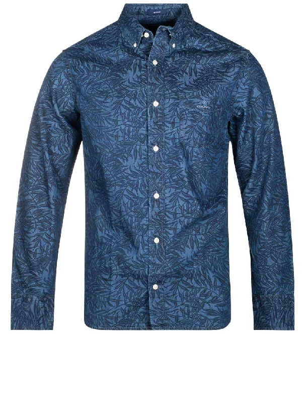 Aesthetic Casual Regular Fit Indigo Leaf Button-Down Shirt Dark Indigo