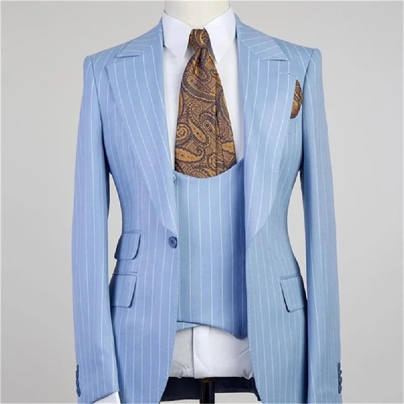 Contemporary Wear Sky Blue Striped Men's 3-Piece Suits