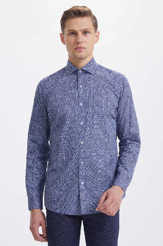 Denim Fashion Slim Fit Cotton Diagonal Grid Navy Casual Shirt