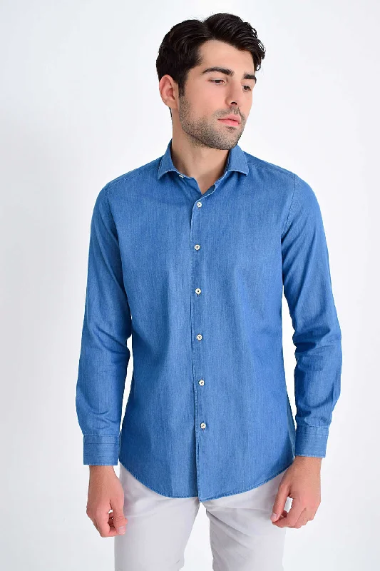 Contemporary Tailoring Slim Fit Long Sleeve Cotton Indigo Casual Shirt