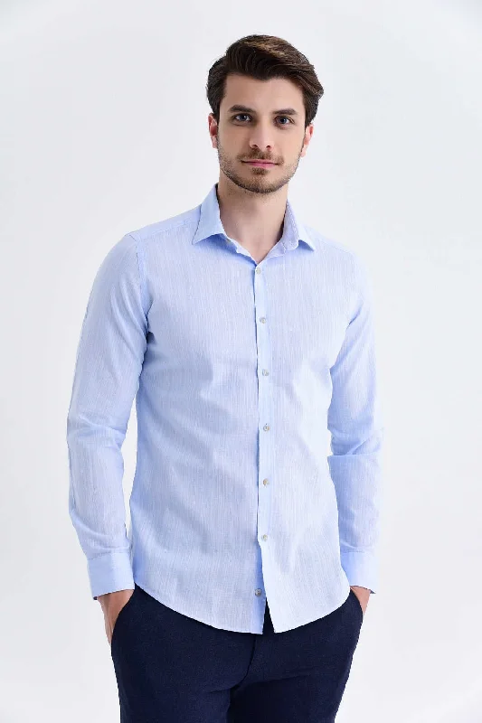 Tailored Streetwear Slim Fit Long Sleeve Linen & Cotton Ice Blue Casual Shirt