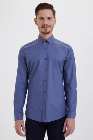 Futuristic Fashion Slim Fit Long Sleeve Patterned Cotton Casual Shirt, Dark Blue D.