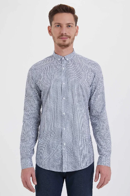 Minimal Chic Slim Fit Long Sleeve Printed Cotton Casual Shirt, Navy B.