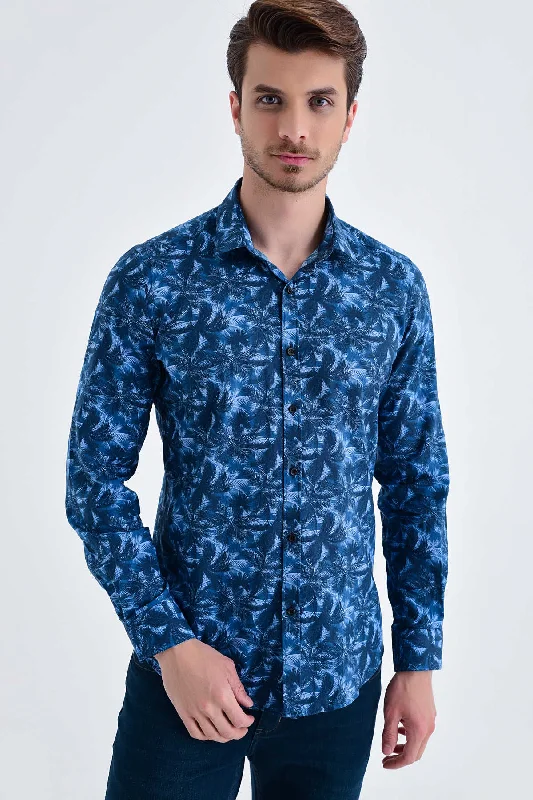 Cozy Minimalist Slim Fit Palm Tree Printed Cotton Navy Casual Shirt