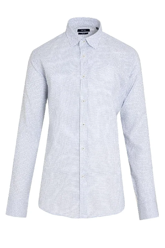 Classic Chic Slim Fit Printed Linen & Cotton Blue Casual Shirt
