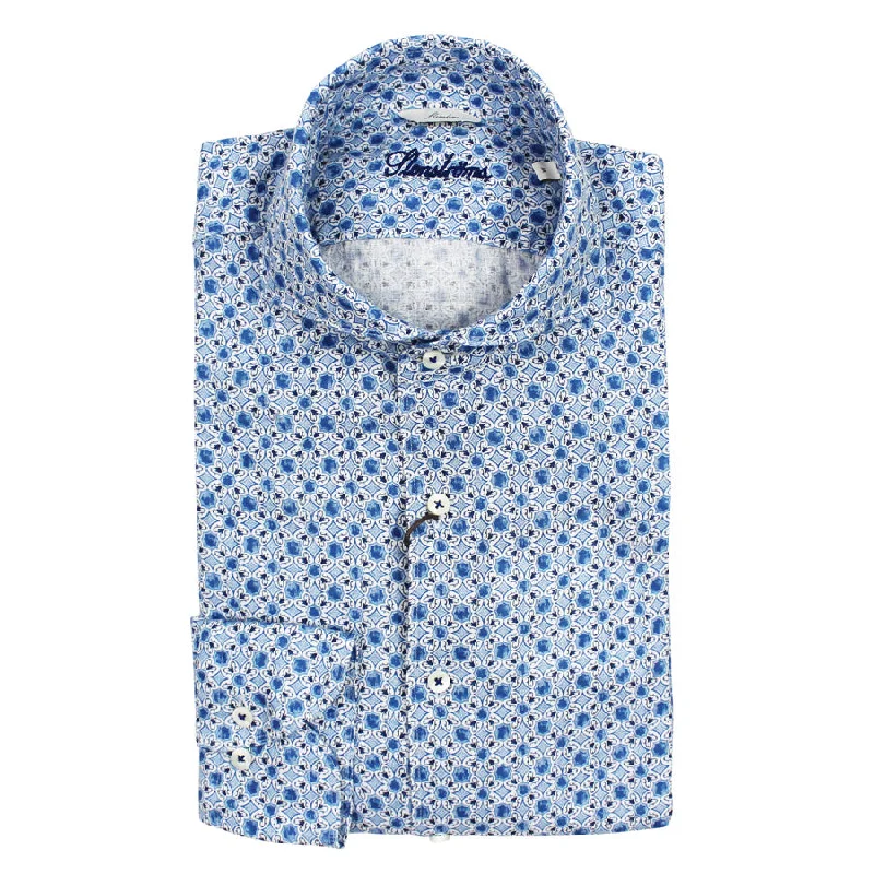 Soft Pastels Stenstroms - Sicilian Tiles Casual Slimline Linen Shirt in Blue