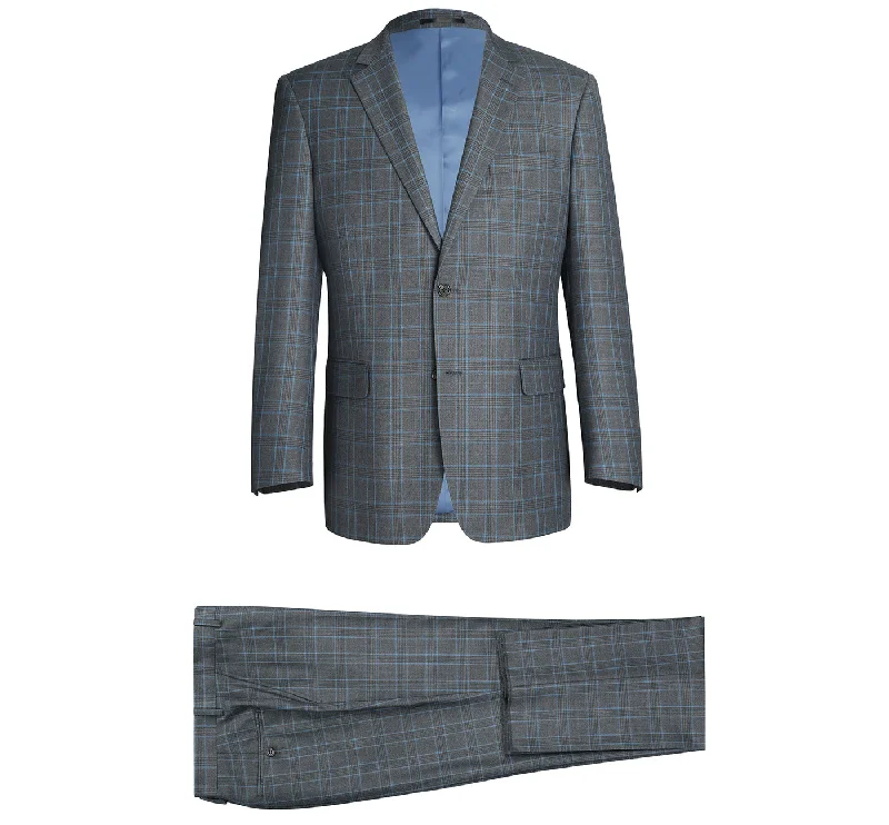 Classic Layers Stretch Performance 2-Button CLASSIC FIT Suit in Grey and Blue Check (Short, Regular, and Long Available) by Renoir Classic Layers Stretch Performance 2-Button CLASSIC FIT Suit in Grey and Blue Check (Short, Regular, and Long Available) by Renoir