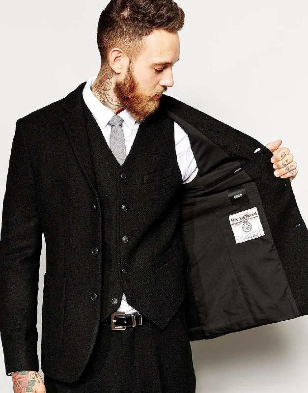 Parisian Style Tweed Men Suit Slim Fit 3 Piece Suit Black