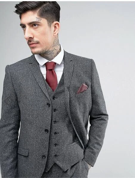 Statement Prints Tweed Suit Men's Plus Size 3-Piece Suit Grey