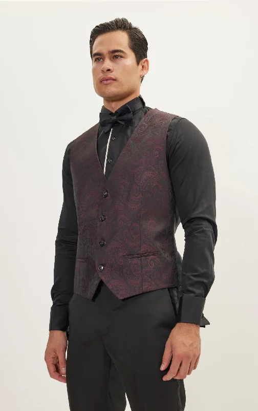 Luxe Casual Paisley V-Shaped Vest - Burgundy